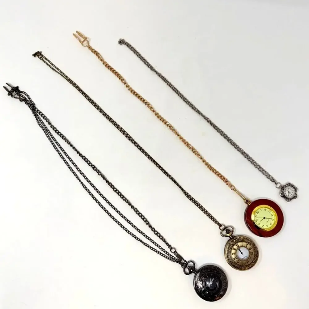 Lot 4 Pocket Watch Locket Pendant Necklaces Silver Gold Tone Wood Repousse